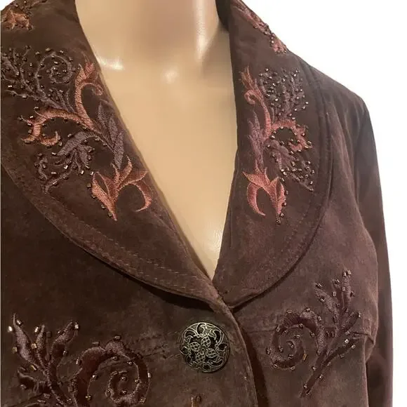 Coldwater Creek brown leather embroidered boho jacket size small